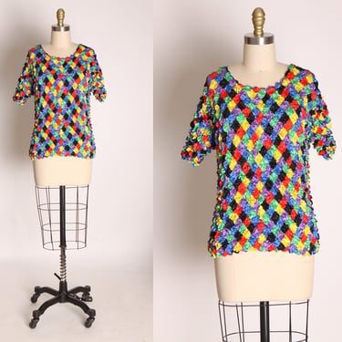 1990s Multi-Colored Checkerboard Short Sleeve Popcorn Shirt Blouse by F.C. 