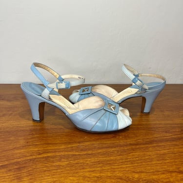 Head to Toe - Vintage 1950s Tri Tone Periwinkle French Blue Sky Blue Leather Strappy Heels - 7 1/2B 
