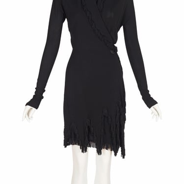 Jean-Paul Gaultier 2000s Vintage Black Rayon Jersey Fringe Trim Hooded Wrap Dress 