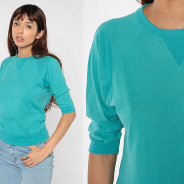 Teal Raglan Sweatshirt 80s 1/2 Sleeve Crewneck Sweatshirt Plain Pullover Sweater Basic Streetwear Minimalist Green Vintage 90s Medium M 