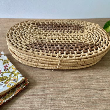 Vintage Placemats - Oval Woven Placemats - Set of Six - Natural and Brown Color Placemats - Boho Decor - Tropical Table Decor 