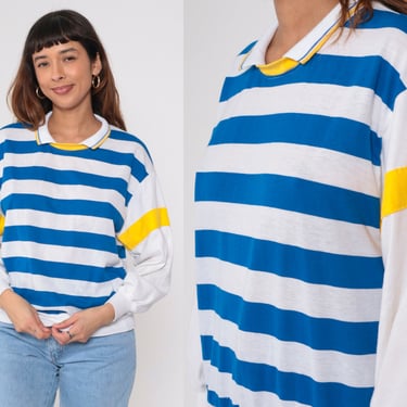 80s Slouchy Striped Shirt Blue White Top Long Sleeve Top 1980s Retro Tee Vintage Collared Banded Hem Slouch Top Yellow Medium Large 