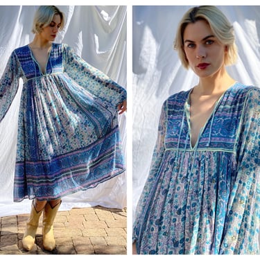 1970's Indian Cotton Dress / Blue Hues Tissue Thin Floral Block Printed Midi Dress / Easy Cotton Summer Dress / Festival Dress 