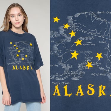 Alaska T-Shirt 90s Alaskan Map TShirt Retro Map Stars Graphic Tee Big Dipper Travel T Shirt Single Stitch Blue Vintage 1990s Extra Large xl 