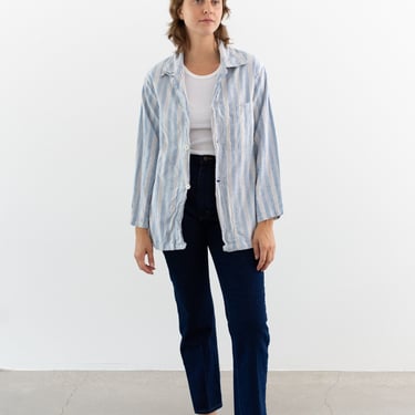 Vintage Blue Cream Striped Flannel Shirt Jacket | British 50s 60s Stripe Cotton Pajama shirt | S | SJ050 