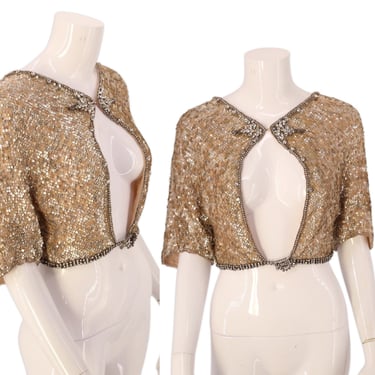 90s COLLETTE DINNIGAN 30s inspired deco sequin bolero / vintage 1990s designer flapper rhinestone blouse top S 