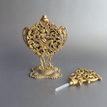 ANGEL gold gilt footed ormolu perfume bottle with dauber Hollywood regency vanity collection 