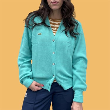 Vintage IZOD Lacoste Cardigan Retro 1980s Preppy + Size Large + 100% Orlon Acrylic + Gator Patch + Bright Teal + Sweater + Unisex Apparel 