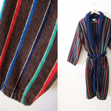 Vintage Striped Bath Robe OS - Brown Multicolor Stripe 80s Terrycloth Robe - Thick Bath Robe - Unisex Belted Robe - Lounge Robe 