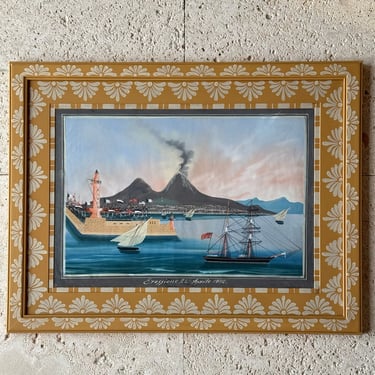 19th C. Neapolitan Gouache of the View of Vesuvius by Day I Circa 1872 in Yellow Gusto Painted Frame  VII