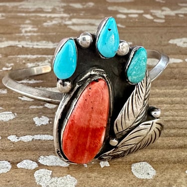 SUMMER BREEZE FB Hallmark Sterling Silver Spiny Oyster and Turquoise Cuff | Native American Style Bracelet| Leaf Design Southwestern Jewelry 