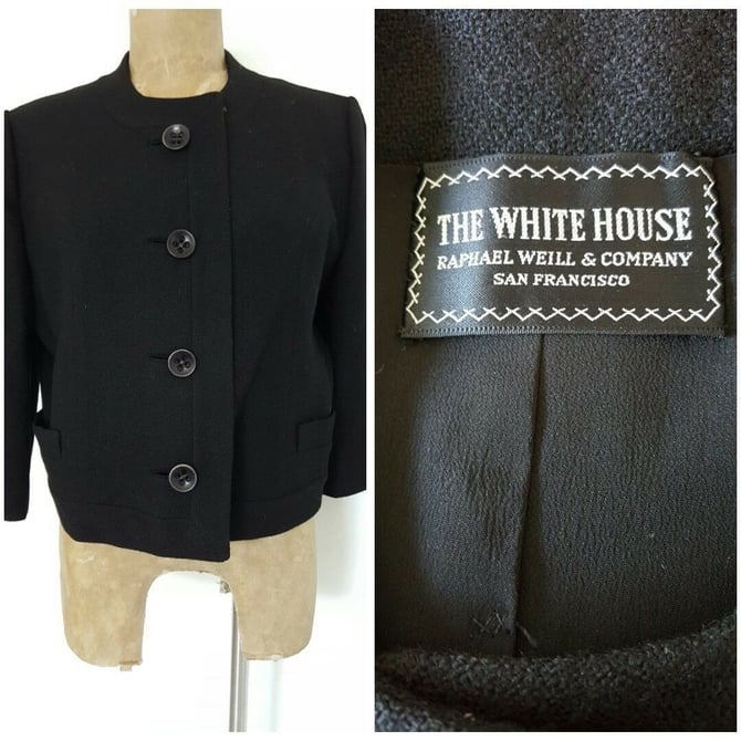 Vintage 30s Black Wool Blazer Size Large Cropped Suit Coat Jacket Womens Career