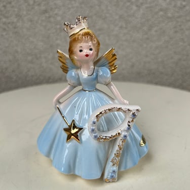Vintage Josef Originals ceramic figurine Angel little girl Birthday 9 with magic wand blue  tones 