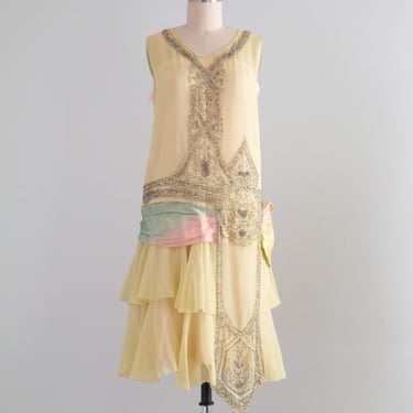 Exquisite 1920's Beaded Silk Flapper Dress In Pale Chartreuse  / Small