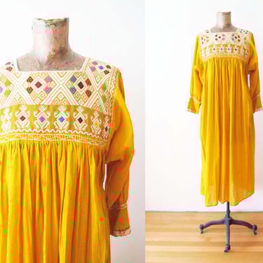 Mexican Embroidered Yellow Gauze Sundress - Womens Geometric Mustard Yellow Embroidered Boho Midi Dress 