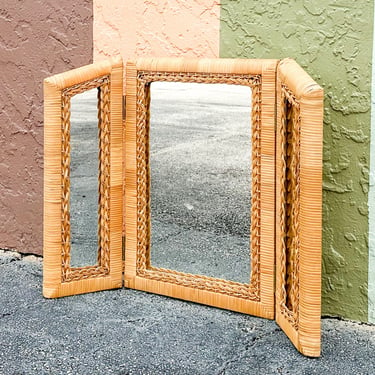 Tri Fold Rattan Mirror