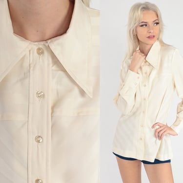 70s Shirt Off-White Dagger Collar Shirt Striped Embossed Button Up Shirt Long Sleeve Top Disco Shirt 1970s Collared Plain Oxford Medium 