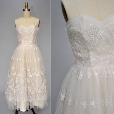 1950s creamy white floral embroidered tulle party dress S/M 