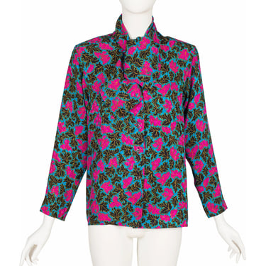 Yves Saint Laurent 1980s Vintage Leaf Print Pink & Blue Silk Jacquard Tie-Neck Blouse Sz M 