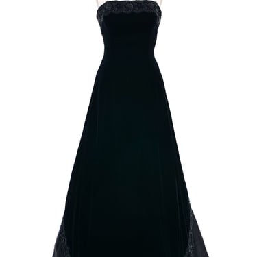 Vicky Tiel Black Velvet Lace Trimmed Gown