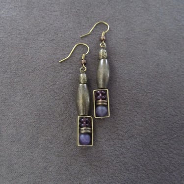 Purple stone and bronze boho earrings, artisan earring, simple chic 
