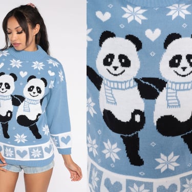 Panda Sweater 80s Baby Blue Knit Pullover Snowflake Heart Bear Animal Novelty Print Kawaii Mock Neck Jumper Boho Vintage 1980s Medium Large 