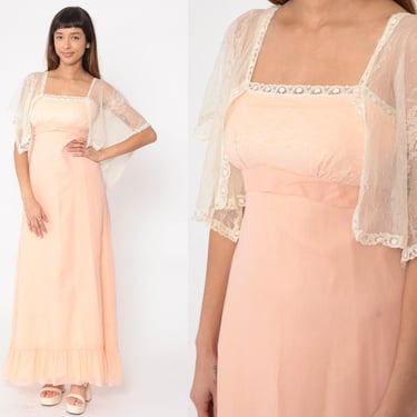 Peach Lace Dress 70s Flutter Sleeve Maxi Dress Empire Waist Tiered Flounce Pastel Prom Boho Romantic Gown Bohemian Vintage 1970s Small 4 