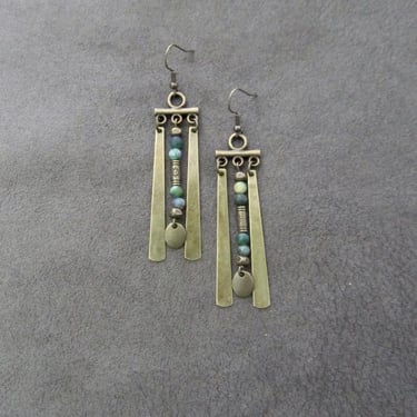Ethnic bronze chandelier and green stone earrings 