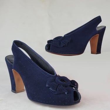 1930s I. Miller Shoes / Peep-Toe Pumps / Navy Suede Sling-Back Heels / 1930s Shoes / Size 6 