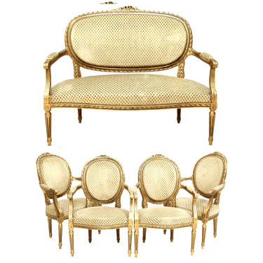 Settee, Armchairs, Four, French Louis XVI Style Giltwood, Salon, Early 1900's!