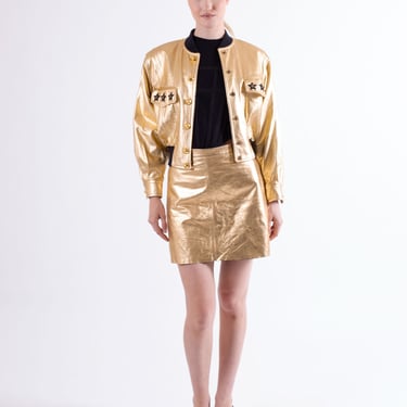 Vintage 1990s ESCADA Gold Leather Bomber Jacket with Star Decals at Pockets + Ribbed Knit Trim sz XS S Margaretha Ley 