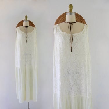 buttercream lace sack dress - vintage 90s y2k off white cream ivory long maxi oversized womens sleeveless summer sun dress 