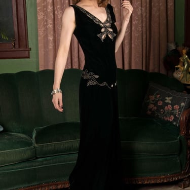 1930s Dress - Gorgeous Antique 1920s Dress Modified in the 1930s Clinging Black Velvet with Studded Rhinestones. 