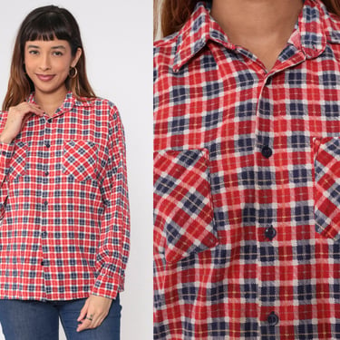 90s Flannel Shirt Plaid Button up Shirt Red White Blue Checkered Print Boyfriend Top Granola Grunge Long Sleeve Cotton Vintage 1990s Medium 