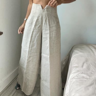 vintage heavy woven linen high waisted wide leg trousers 