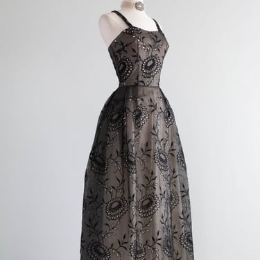 Gorgeous 1950's Black & White Silk Organza Evening Gown By Nanty / Medium