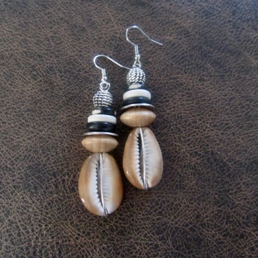 Large cowrie shell earrings, bold orange statement earrings 