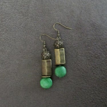 Industrial earrings, green howlite and bronze minimalist earrings, mid century modern earrings, unique Art Deco earrings, geometric 