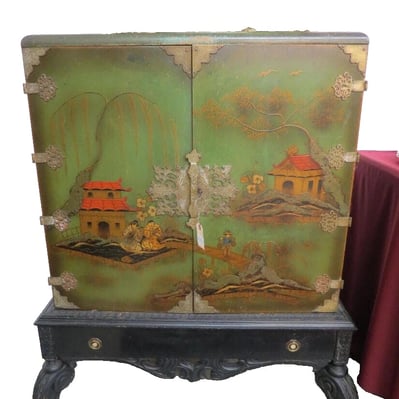 Cabinet, Chinoiserie Style, Green, Asian Decorated Cabinet, Vintage
