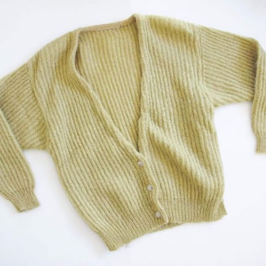 Vintage Fuzzy Ribbed Baggy Cardigan M - 80s Honey Wheat Tan Knit Slouchy Sweater Grunge 