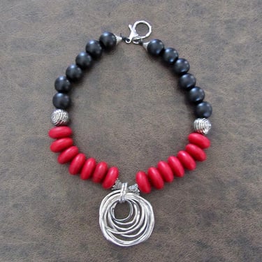 Chunky silver and red wooden necklace 