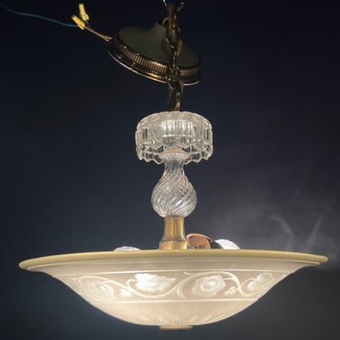 Vintage 3 Bulb Brass and Glass Pendant Light 15” X 20”