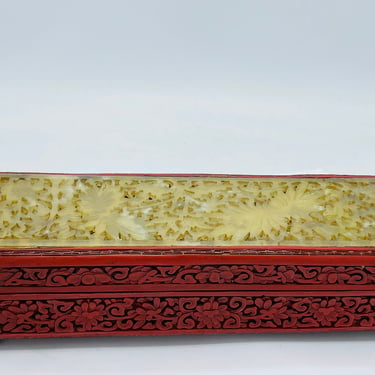 Antique Large old 19th century Chinese Cinnabar lacquer floral white hand carved footed jade box- Marked China 