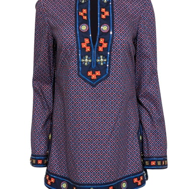 Tory Burch - Blue &amp; Red Print Beaded Tunic Sz 8