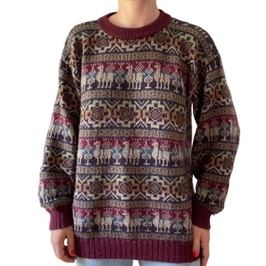 Vintage 90s Mens Peruvian Alpaca Wool Striped Geometric Oversized Sweater Sz L 