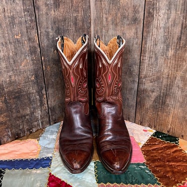 ACME SAND DUNES Brown Vintage 60s Leather Inlay Boots | Western, Cowboy, Rodeo, Southwestern, Festival |  Size 9 D 