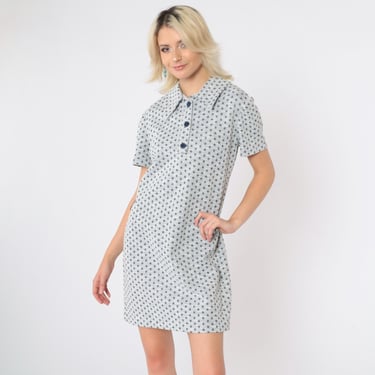 Vintage 60s Mod Shift Dress Mini Geometric Dot Print Grey Blue Shirtdress Button Up Hippie 1960s Short Sleeve Medium M 