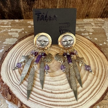 TABRA AMETHYST MOON Earrings | 1980s 90s Sterling Silver Dangle Earrings | Amethyst Beads and Crystals | 14k Gold Fill | Handmade 