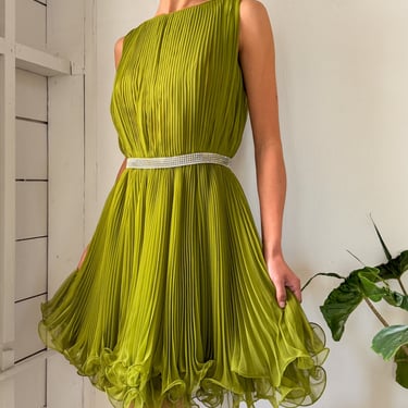 60s Pleated Green Ruffle Dress | S