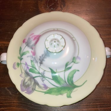 Butter yellow floral covered casserole dish, hand-painted 1920s Czechoslovakia, antique fine china~ vintage Pastel Dinnerware 